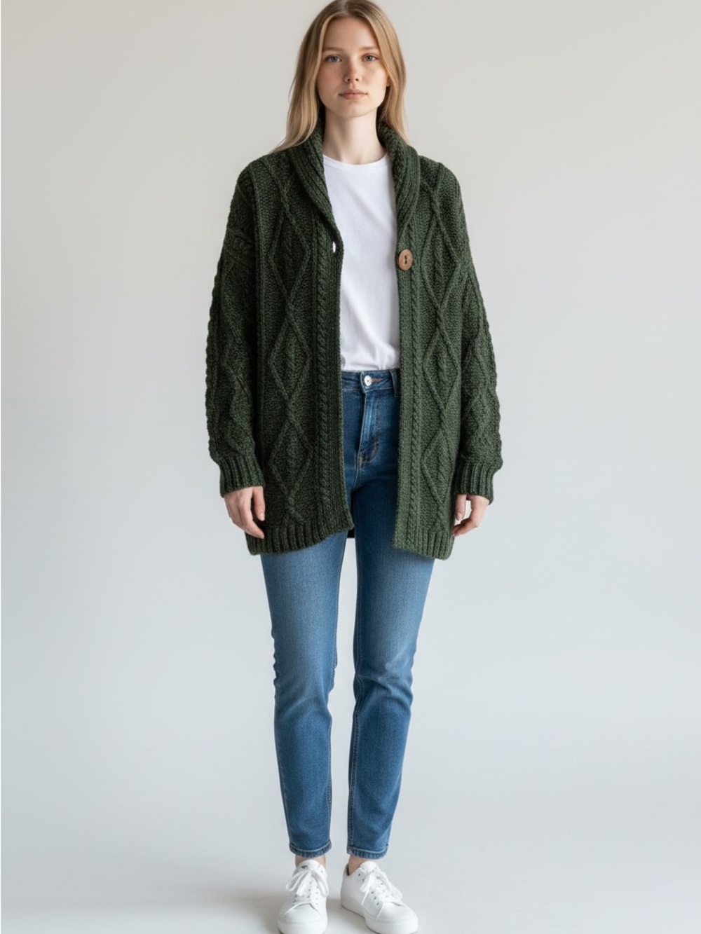 CARRAIGDONN GREEN WOOL CABLE KNIT CARDIGAN WOOL SWEATER MADE IN IRELAND MEDIUM